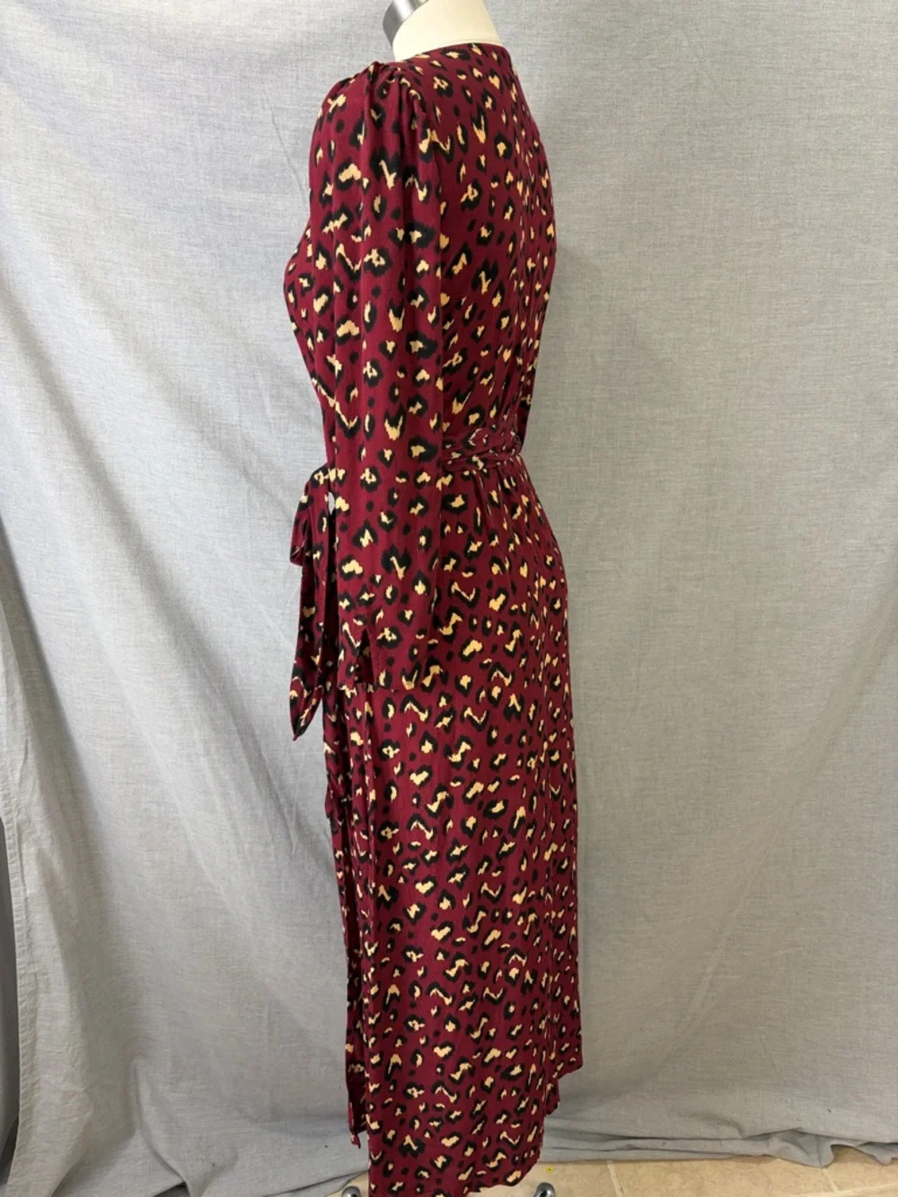 Cleobella Burgundy Leopard Print Wrap‎ Midi Dress 3/4 Sleeve Boho M